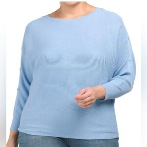 T Tahari Women's Plus Light Blue Snap Detail Sleeve Ribbed Sweater Size 2X